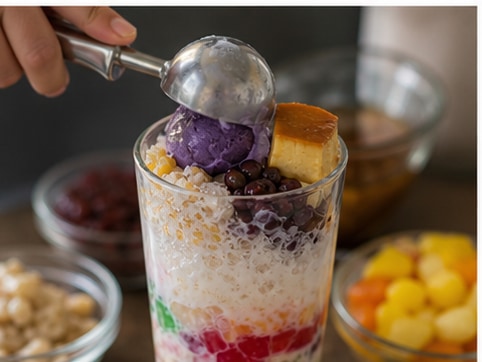 Halo-Halo 饮步骤4:加冰冷却